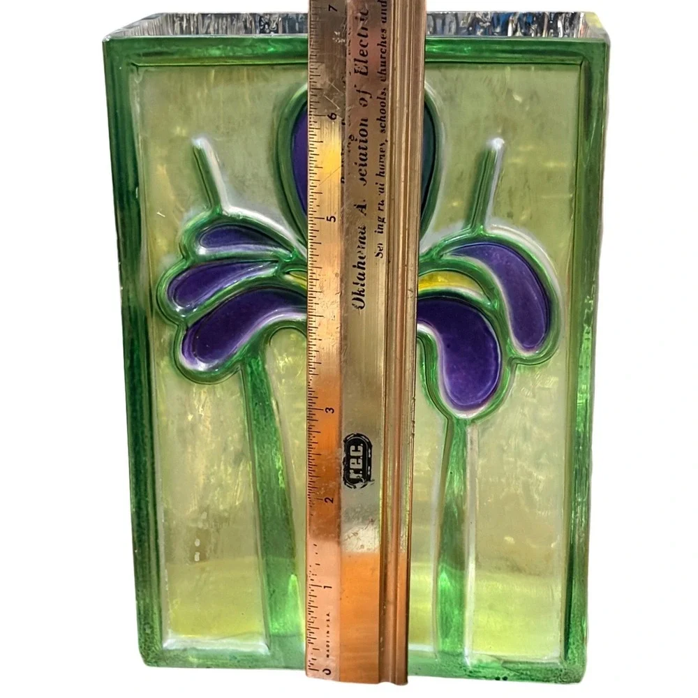 VTG FTDA Art Glass Vase 1985 Raised Relief Purple Iris Textured Bark Back 7 Inch